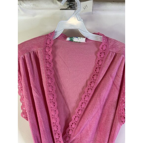 Vintage 70s Terry Cloth Lace Trim Robe Pink USA Cottagecore - Picture 2 of 8